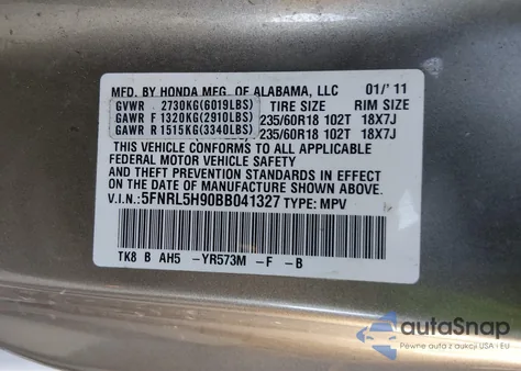 2011 Honda Odyssey Touring/Touring Elite z USA, uszkodzony, nr VIN 5FNRL5H90BB041327